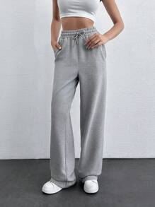 SHEIN Tall Women Casual Sports Solid Color Drawstring Waist Slant Pockets Loose Sweatpants, Autumn - Light Grey - View 3