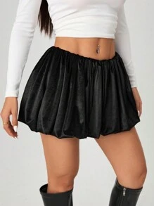 SHEIN PETITE 春季纯色低腰褶皱泡泡花迷你裙