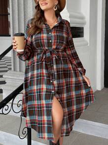 SHEIN LUNE 加大码圣诞格纹 Polo 领开衫蝴蝶结长袖连衣裙，秋冬休闲长款女装 - 棕色 - 查看 5