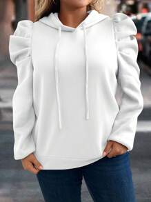 SHEIN LUNE Áo nỉ trùm đầu tay bồng màu trơn cỡ lớn thường ngày, dành cho quần áo mùa thu đông - trắng - Xem 6