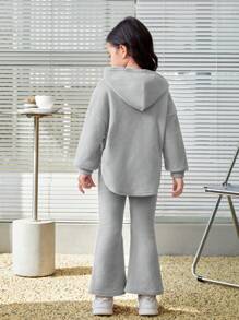Leap Crew 2pcs/Set Young Girl Toddler Fitted Hoodie Pullover And Asymmetrical Hem Sweatpants - Grey - View 3