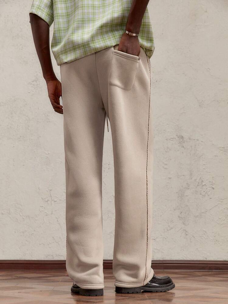 Christmas Men's Fitted Long Elastic Waist Drawstring O-Ring Pants, Banana Barrel Leg Pants, Casual Khaki Color Trousers Suitable For Autumn/Winter, New Year, Christmas. Contrast Ribbon, Thermal Lined , Warm, Metallic Thread