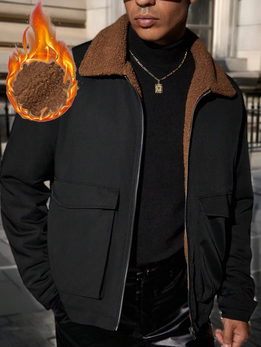 Manfinity VCAY Men Casual Loose Patchwork Long Sleeve Jacket, For Fall Winter - Black - View 1