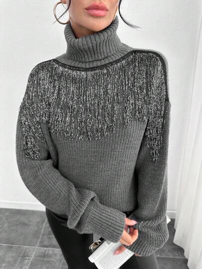 Women High Neck Fringe Detailed Sweater Pullover