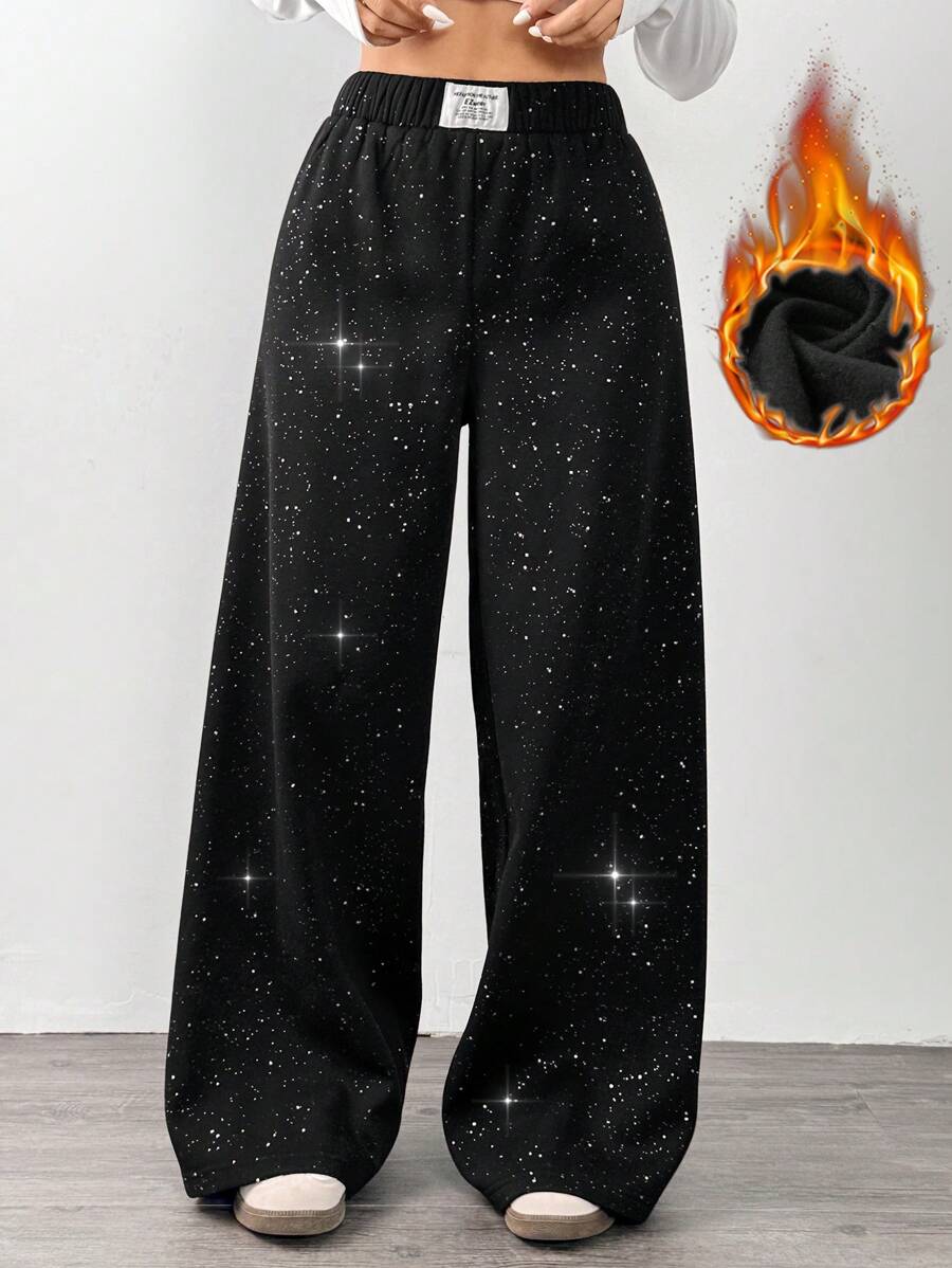 SHEIN EZwear 女士休闲贴花阔腿七分裤 - 黑色 - 查看 1