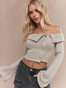 MISSGUIDED Textured Knitted Fold Over Long Flared Sleeves Crop Bardot Top - Grey - View 3
