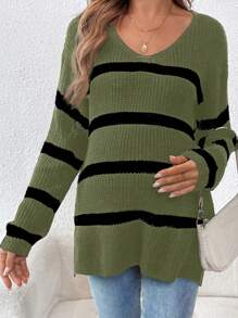 SHEIN Ciążowy, swobodny, kolorowy sweter w paski z rozcięciem z boku na jesień/zimę - Wielokolorowe - Zobacz 7