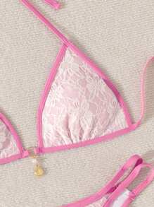 SHEIN Swim Holiday Beach Party Halter Bikini Swimwear Lace Sexy Ladies Swimwear Set Summer - Multicolor - View 4