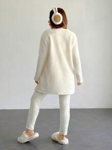 SHEIN PETITE Conjunto de chaleco de punto con mangas largas de hombros caídos y pantalones para mujer