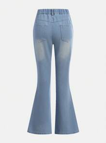 2pcs/Set Teen Girls Y2K Style Pink Ribbed Knit Collared Long Sleeve Cropped Top & Denim Flared Pants With Elastic Heart Print - Multicolor - View 5