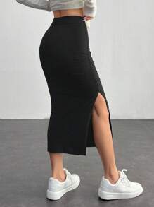 SHEIN PETITE 1pc Women Plain Color Split Pleat Minimalist A-Line Skirt, Casual Daily Wear