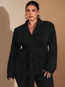 SHEIN BAE Chaqueta de traje de manga larga con cintura anudada, elegante y de talla grande, para otoño e invierno, Navidad, Acción de Gracias, fiestas, blazers de mujer de talla grande, estilo casual de negocios, traje, vestimenta formal, abrigo de piel, traje de trabajo, elegante, blazer curvo largo, blazer de frente abierto