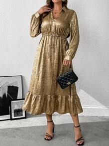 Flirla Women's V-Neck Long Sleeve Cinched Waist Drawstring Bell A-Line Patchwork Ruffles Dress, Gold Foil, Autumn/Winter - Gold - View 6