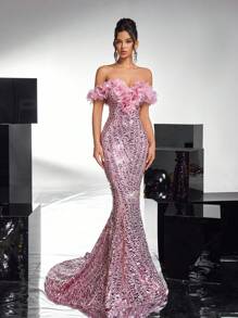 Glamrae 优雅、华丽、奢华的粉色露肩花卉亮片拼布薄纱鱼尾裙，适合婚礼、派对、约会、舞会、晚宴礼服（精致的刺绣设计）、正式晚礼服、婚礼嘉宾、毕业典礼、派对礼服 - 香檳色 - 查看 7