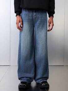 SHEIN Teen Boy Fashion Casual Vintage Blue Cut Out Ripped Frayed Design Comfortable And Simple Baggy Wide-Leg Denim Jeans Boys Cool Outfit/Boys Thanksgiving Outfit For Boys Costume Dailywear And Fall/Winter Teen Boy Clothes