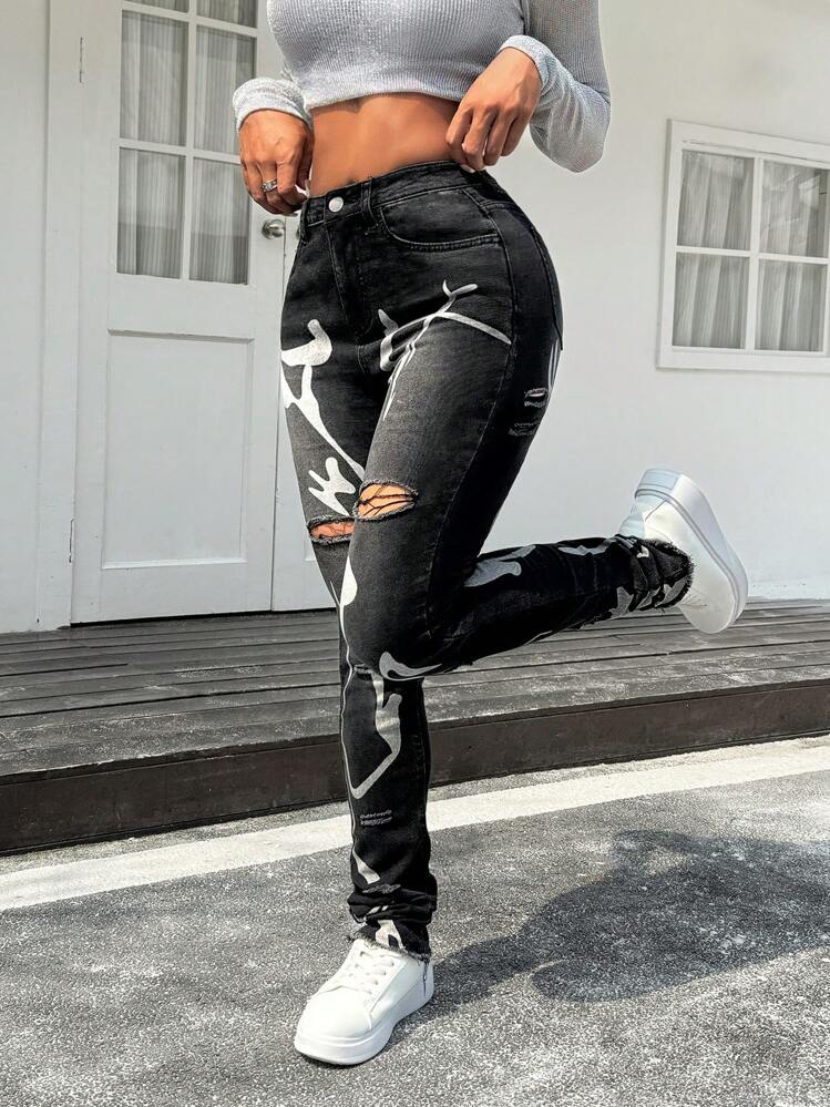 SHEIN PETITE Pantalones vaqueros de mujer de terciopelo grueso, jeans ajustados y sexys con estilo de calle desgarrado, con tela elástica y cálida, ropa para clima frío, jeans de felpa, pantalones térmicos de invierno, ropa de mujer de invierno - Negro - Añade 4