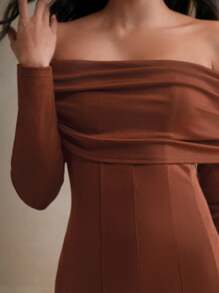 Anewsta Vestido largo de manga larga con hombros descubiertos, cintura ceñida y falda en línea A, atuendo formal de mujer para ocasiones maxi