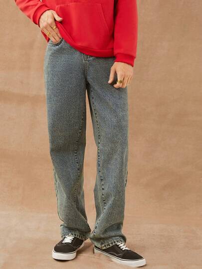 Vaqueros rectos de pierna de hombre de 91% algodón premium con lavado vintage