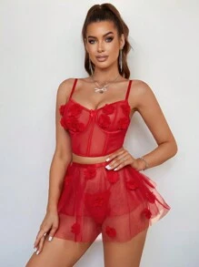 Bộ 3 món đồ lót ren thêu hoa gợi cảm phong cách Giáng sinh cho nữ - Đỏ - Xem 7