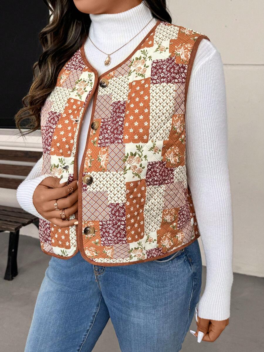 SHEIN Frenchy Plus Size Vintage Print Casual Padded Coat, Suitable For Daily And Home Wear, Winter - Multicolor - View 1