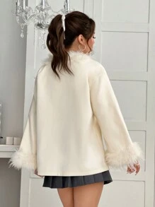 SHEIN EZwear 女士蓬松拼布前扣长袖大衣 - 米色 - 查看 2