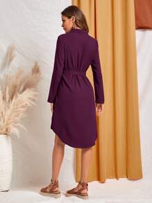 EMERY ROSE Váy sơ mi thường ngày đơn hàng khuy dài tay màu trơn cho nữ, mùa thu - Màu tím  Violet - Xem 2