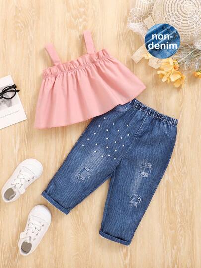 SHEIN Baby Girl Casual Solid Color Camisole Top & Elastic Waist Pants 2pcs Set