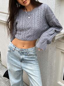 SHEIN Essnce Damen Loose Fit Oversized Crew Neck Kurzer Strickpullover, Herbst/Winter Strickpullover - Grau - Übersicht 1