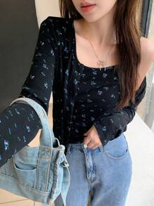 DAZY 2 件套女式碎花单排扣长袖 T 恤和细肩带背心，秋季女装 - 黑色 - 查看 2