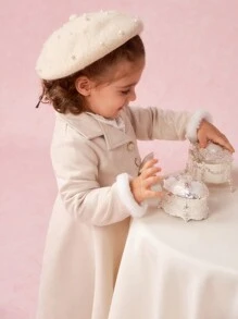 SHEIN Baby Girls' Minimalist Lapel Half-Open Cardigan With Fuzzy Trim, Long Sleeve Butterfly Decor A-Line Party Dress, Spring/Autumn - Apricot - View 9