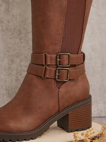 SHUZIA 女式纯色高跟扣膝长靴，秋冬款 - 卡其色 - 查看 5