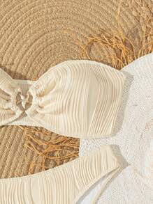 2 chiếc áo Bandeau họa tiết gợn sóng thanh lịch dành cho nữ màu trơn có họa tiết ngôi sao kim loại kết hợp với quần short bơi gợn sóng tối giản, bộ bikini dành cho người lớn mùa hè - Màu be - Xem 5