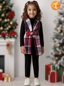 SHEIN 3 件套年轻女孩休闲格子印花领带腰带背心夹克、长袖罗纹 T 恤和松紧腰裤套装 - 酒紅色 - 查看 8