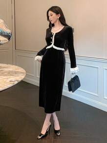 DAZY Contrast Color Ruffle Hem Patchwork Women's Mid-Length Dress, Birthday ,New Year Eve Prom Dress,Fall Clothes