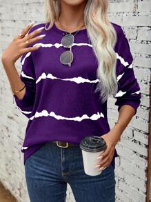 SHEIN LUNE Women Casual Round Neck Contrast Color Drop Shoulder Loose Sweatshirt For Autumn - Purple - View 1