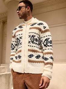 Manfinity VCAY Men Pattern Loose Fit Casual Cardigan Sweater, Young Style For Autumn/Winter Wear - Beige - View 3