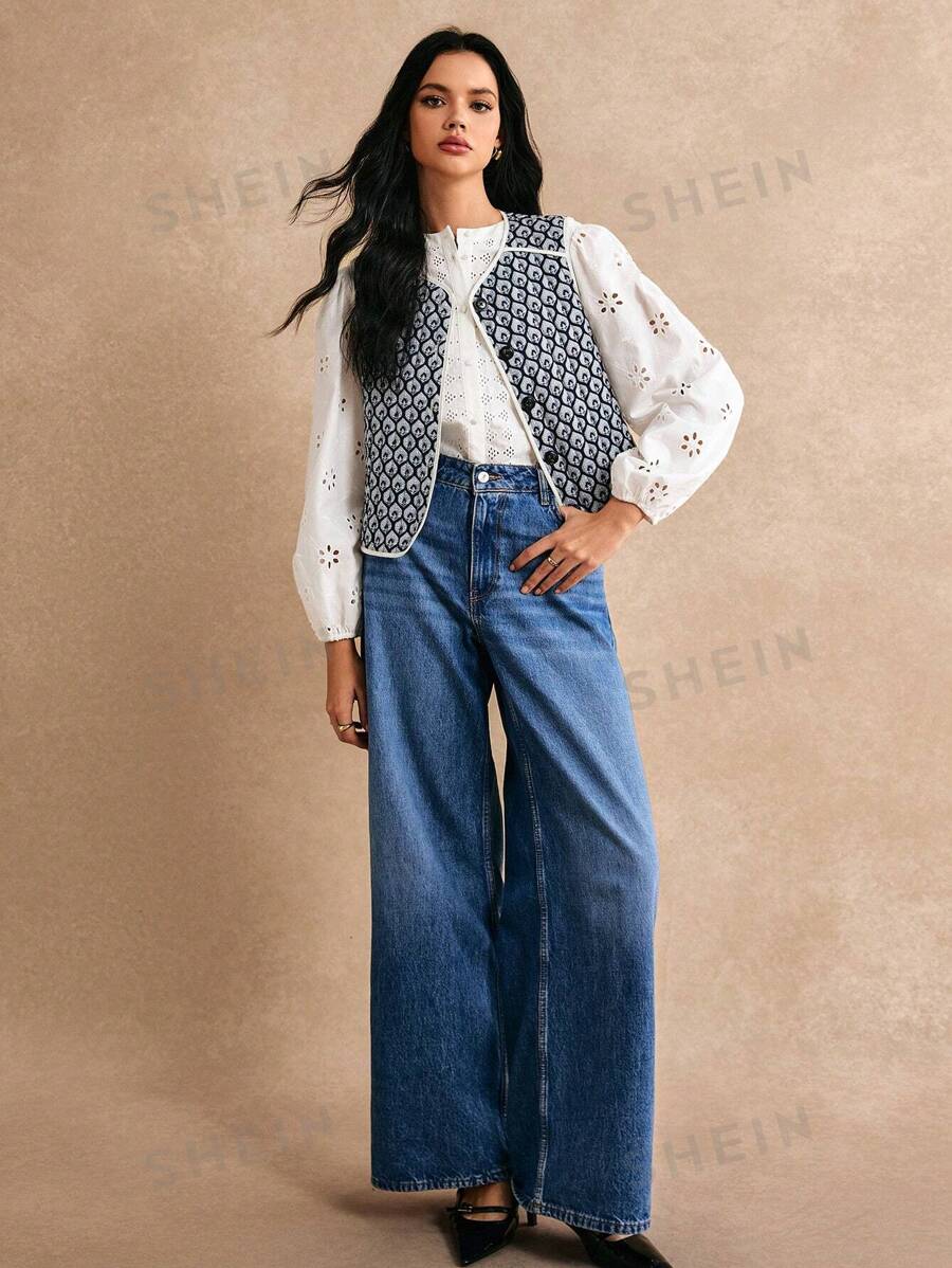 Poéselle Chaleco azul marino, chaleco bohemio, chaleco vintage, abrigo sin mangas acolchado con estampado completo informal para mujer, vestido, abrigo, prenda esencial de estilo elegante effortless para otoño e invierno
