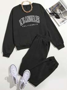 Flirla Set informal de 2 piezas de talla grande con top de manga larga y cuello redondo y pantalones, con estampado de letra en un estilo minimalista
