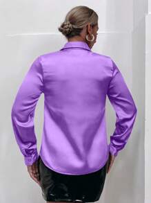 Maweii 大码女式休闲纯色纽扣长袖衬衫 - 紫色 - 查看 2