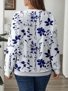 SHEIN LUNE 大码休闲花卉印花圆领露肩宽松运动衫，秋冬 - 藍白色 - 查看 2