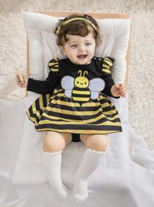 SHEIN Newborn Baby Girl Cute Bee Plush Decor Round Neck Ruffled Sleeve Striped Patchwork Dress With Horned Headband
