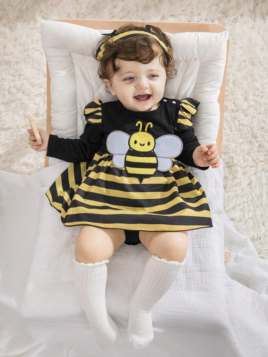 SHEIN Newborn Baby Girl Cute Bee Plush Decor Round Neck Ruffled Sleeve Striped Patchwork Dress With Horned Headband