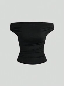 Sweetra 女士纯色露肩褶皱简约衬衫，休闲日常穿着 - 彩色 - 查看 4