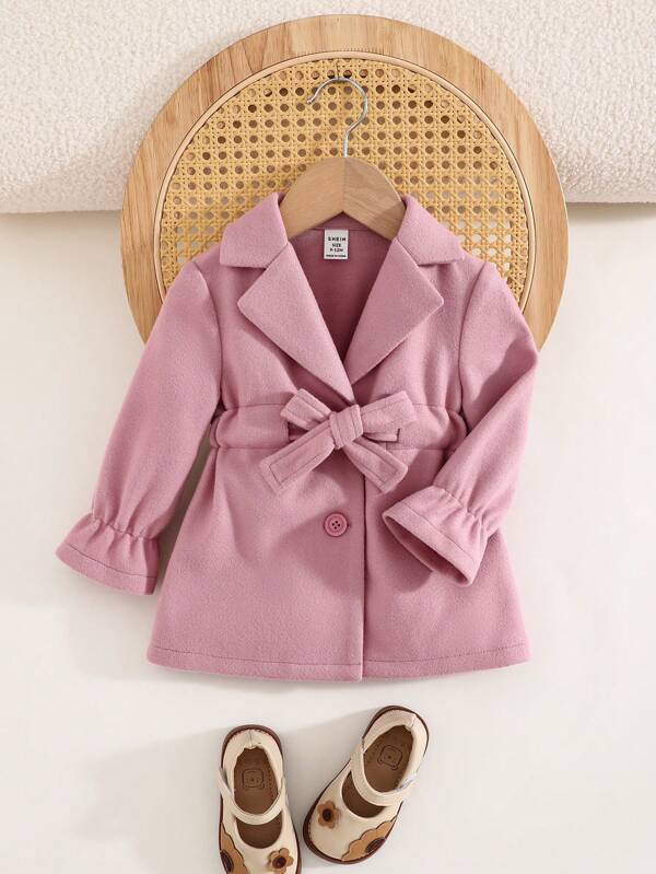 SHEIN Baby Girl's Cute & Versatile Pink Belted Midi Coat With Lapel Collar, Autumn/Winter