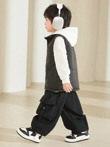 SHEIN 1 件年轻男孩休闲、简约、时尚、实用、百搭、透气、舒适立领背心，带保暖内衬，适合日常生活、学校、旅行、运动、秋冬季节 - 黑色 - 查看 3