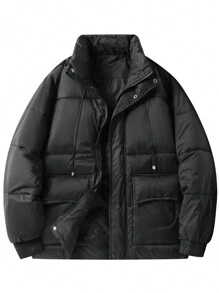 Manfinity Homme 男士羽绒棉衣，立领厚绗缝大衣，无帽，冬季 - 黑色 - 查看 6