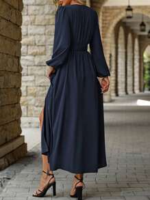 EMERY ROSE Women's Solid Color V-Neck Cross Wrap Front High Slit Long Sleeve Dress Maxi Women Outfit Fall Cloth For Women - Navy Blue - View 2