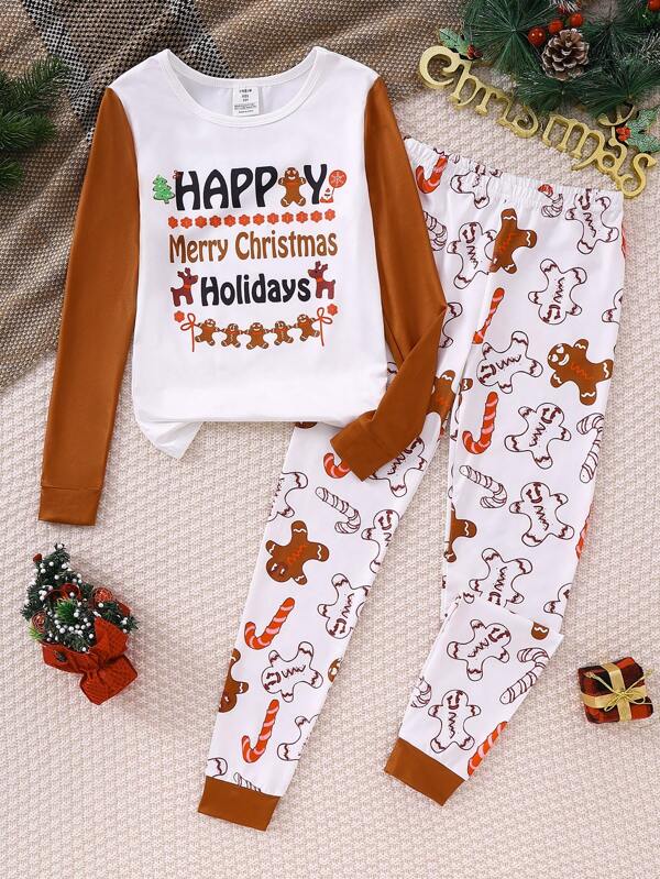 Vrolijk Kerstfeest Tween Jongens Peperkoek Letter Print Lange Mouw T-shirt En Strakke Broek Pyjama Set