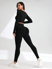 SHEIN Dewbera Bộ đồ tập thể thao nữ, quần legging nữ, cổ tròn dài tay, màu trơn, giản dị, đơn giản - màu đen - Xem 2