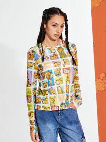 GARFIELD | SHEIN Women Casual Cartoon Comic Frame Long Sleeves UnderShirt - Multicolor - View 4